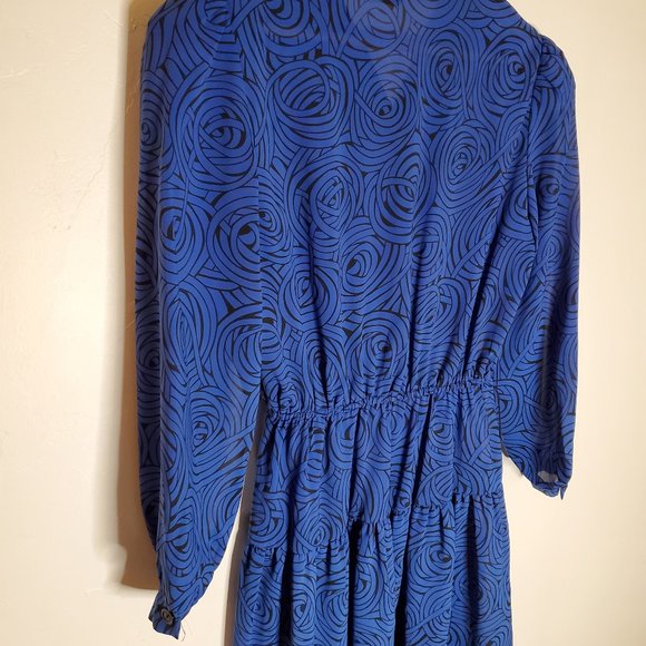 Spiral Jetty Printed Blue & Black Long Sleeve 80s Button-Up Dress - Picture 2 of 8